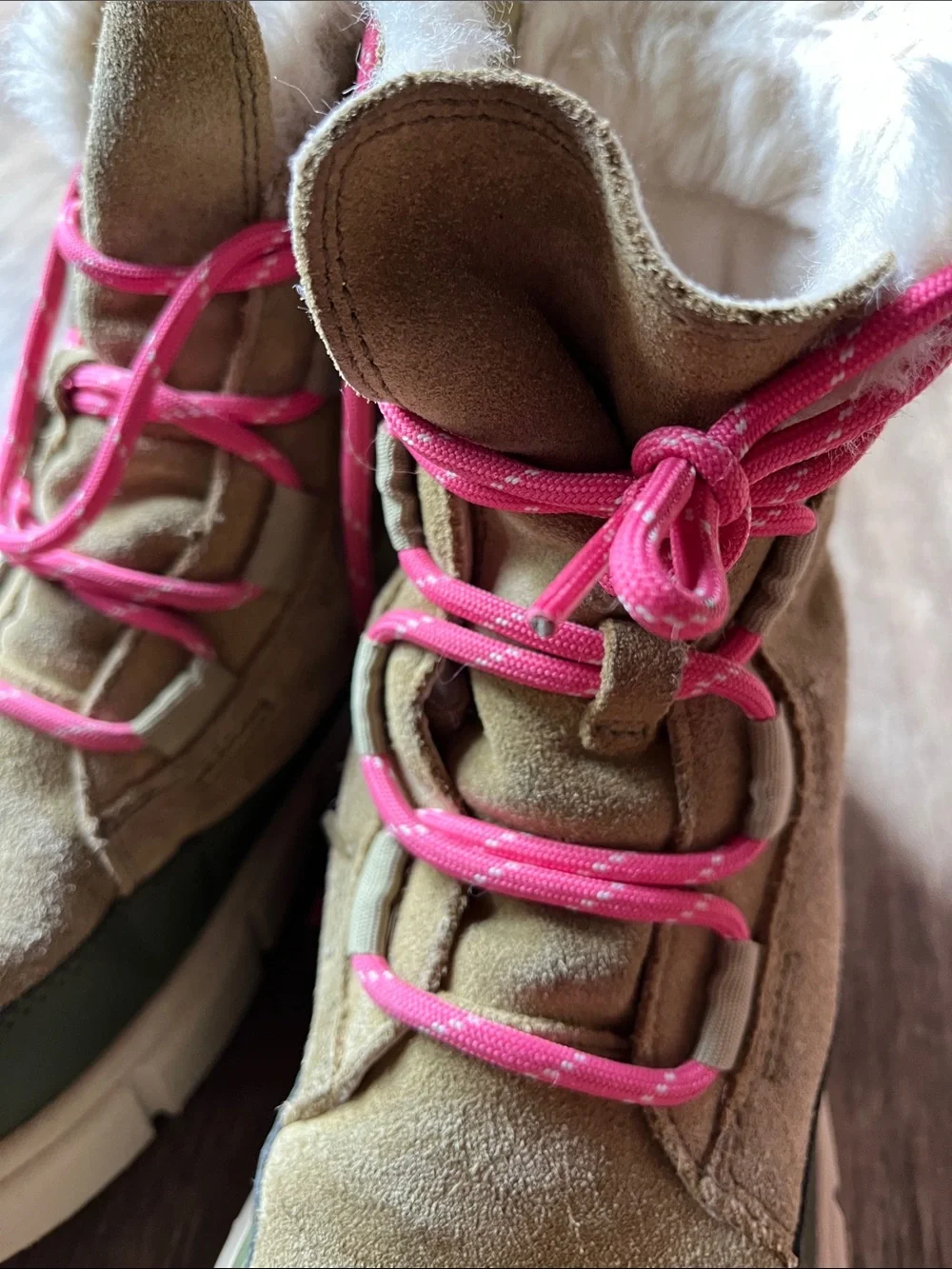 Sorel Kids Olive Suede & Green Rubber Winter Boot with Pink Laces